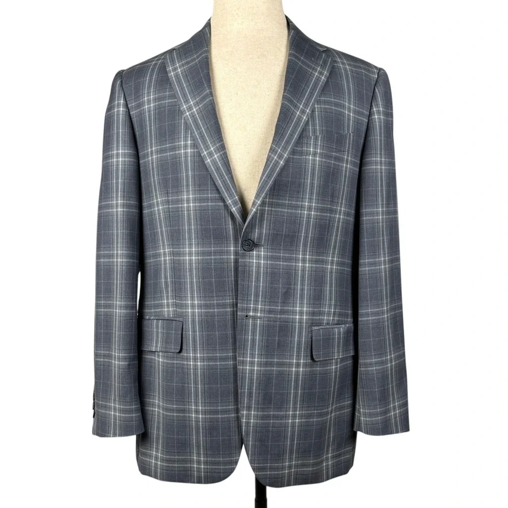 Joseph Abboud Loro Piana Super 110s Blazer Mens 40R Blue Gray Plaid Wool USA